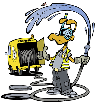 Eine Cartoon-Zeichnung von einer Person, die mit einem Hochdruckschlauch Wasser spritzt