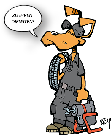 Eine Cartoon-Zeichnung von einer Person, die "Zu Ihren Diensten" sagt