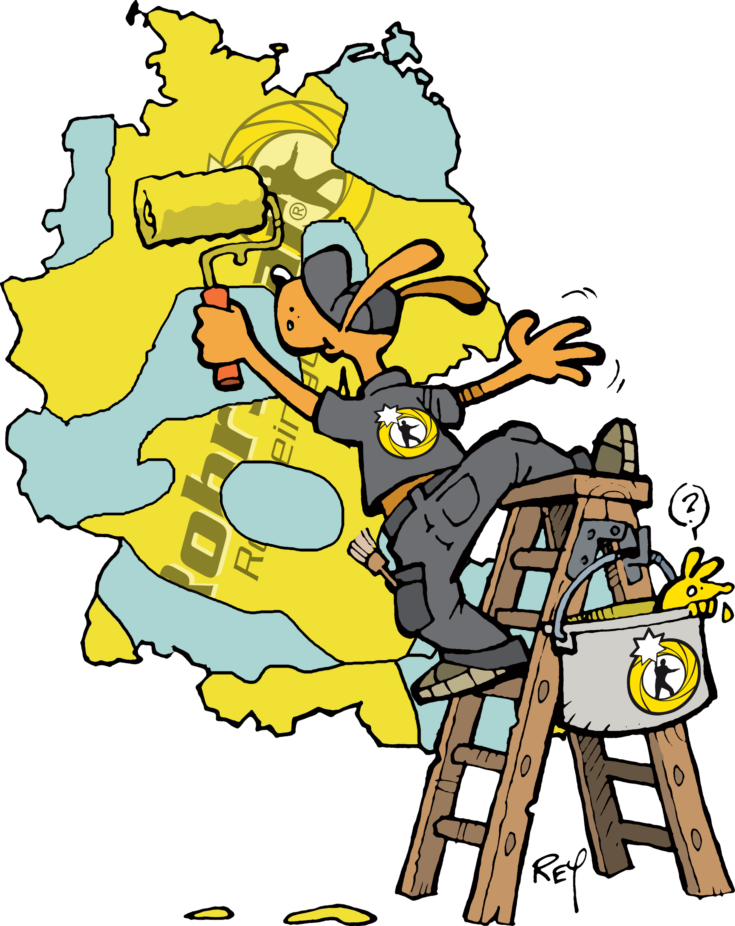 Eine Cartoon-Zeichnung von einer Deutschlandkarte, die mit einer Person mit einer Farbrolle gestrichen wird